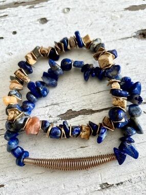 2 Lapis Lazuli, Orange Quartz & Jasper Chip Stretch Bracelets w/ Gold Tones